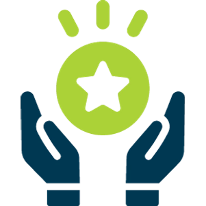 Navy-blue hands holding green circle with star.