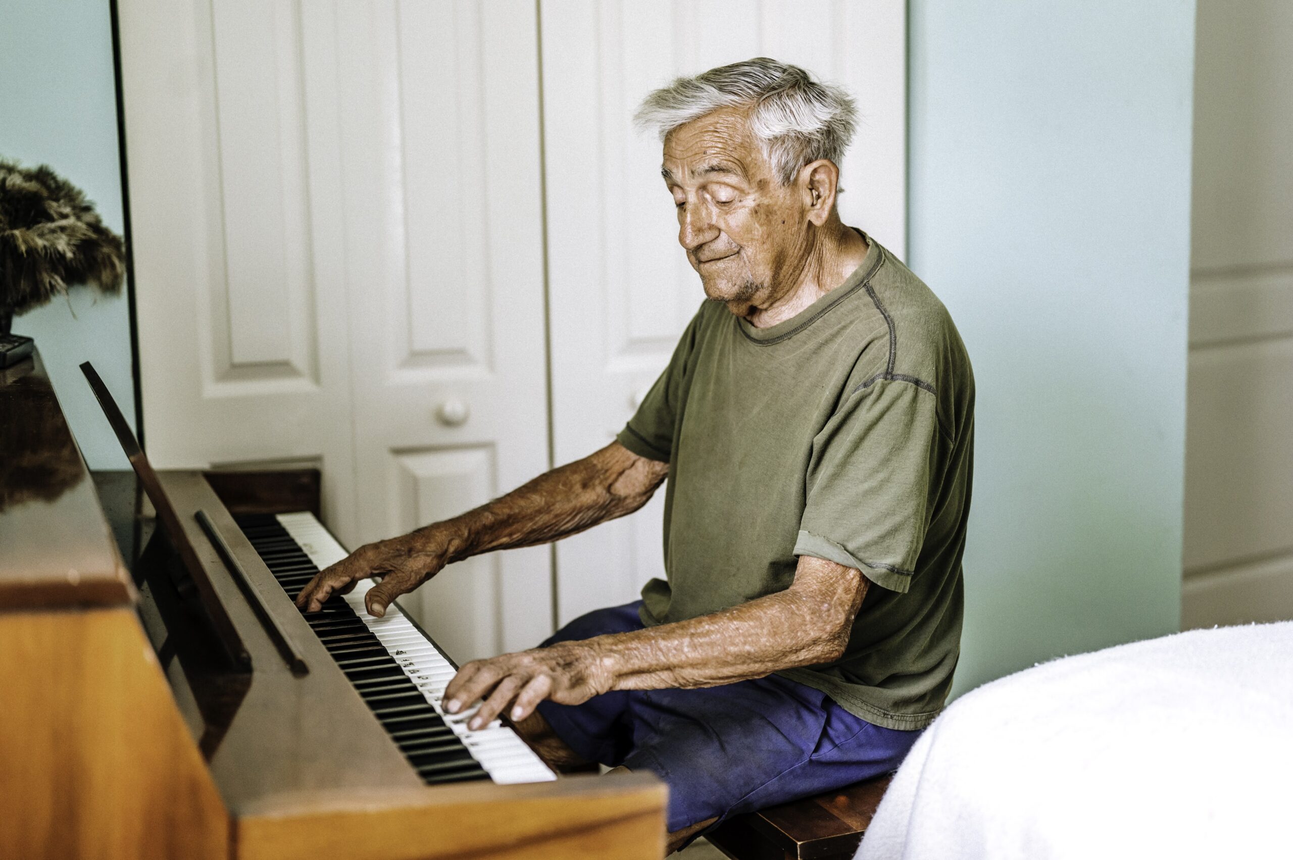 Senior adult man, army veteran, musician, father/grandfather/great grandfather 97 years old at home