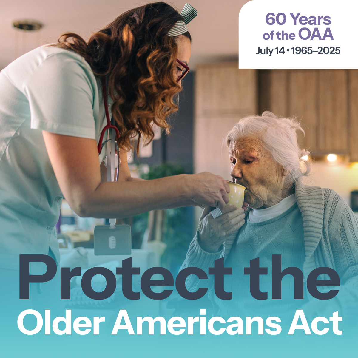 Image of nurse giving drink to senior. Overlay text saying 