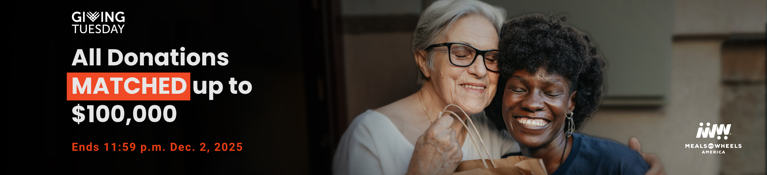 Senior client and volunteer hugging - Giving Tuesday with Meals on Wheels America - All Donations Matched up to $100,00
