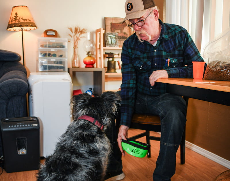Ron Preparing Dog Food Into Branded MOWLP x PetSmart Food Bowls with Bleau