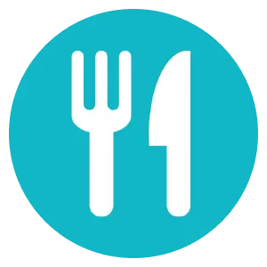 Teal circle background with white knife and fork.