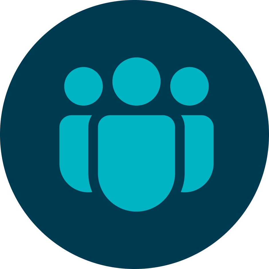 Navy blue circle with teal people icons.