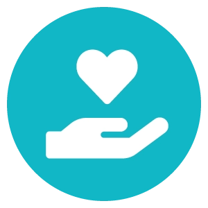 Teal circle background with hand with heart above it.