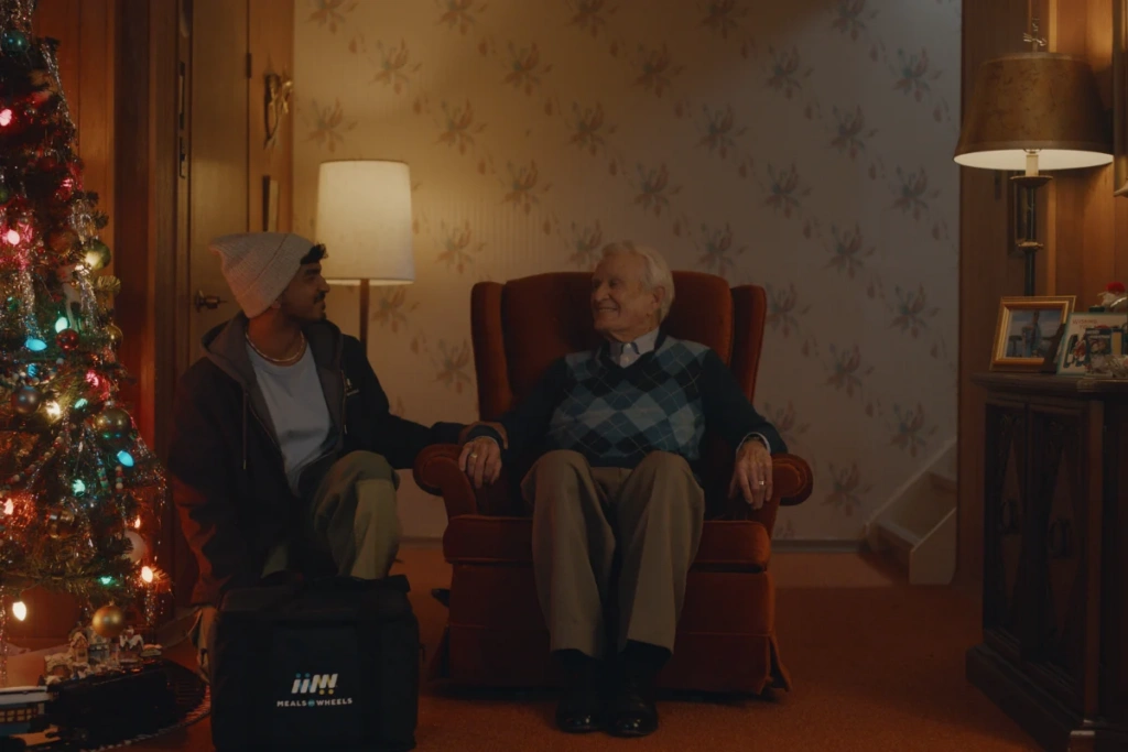 Volunteer with White male senior sitting on an armchair smiling together with a Christmas tree next to them.