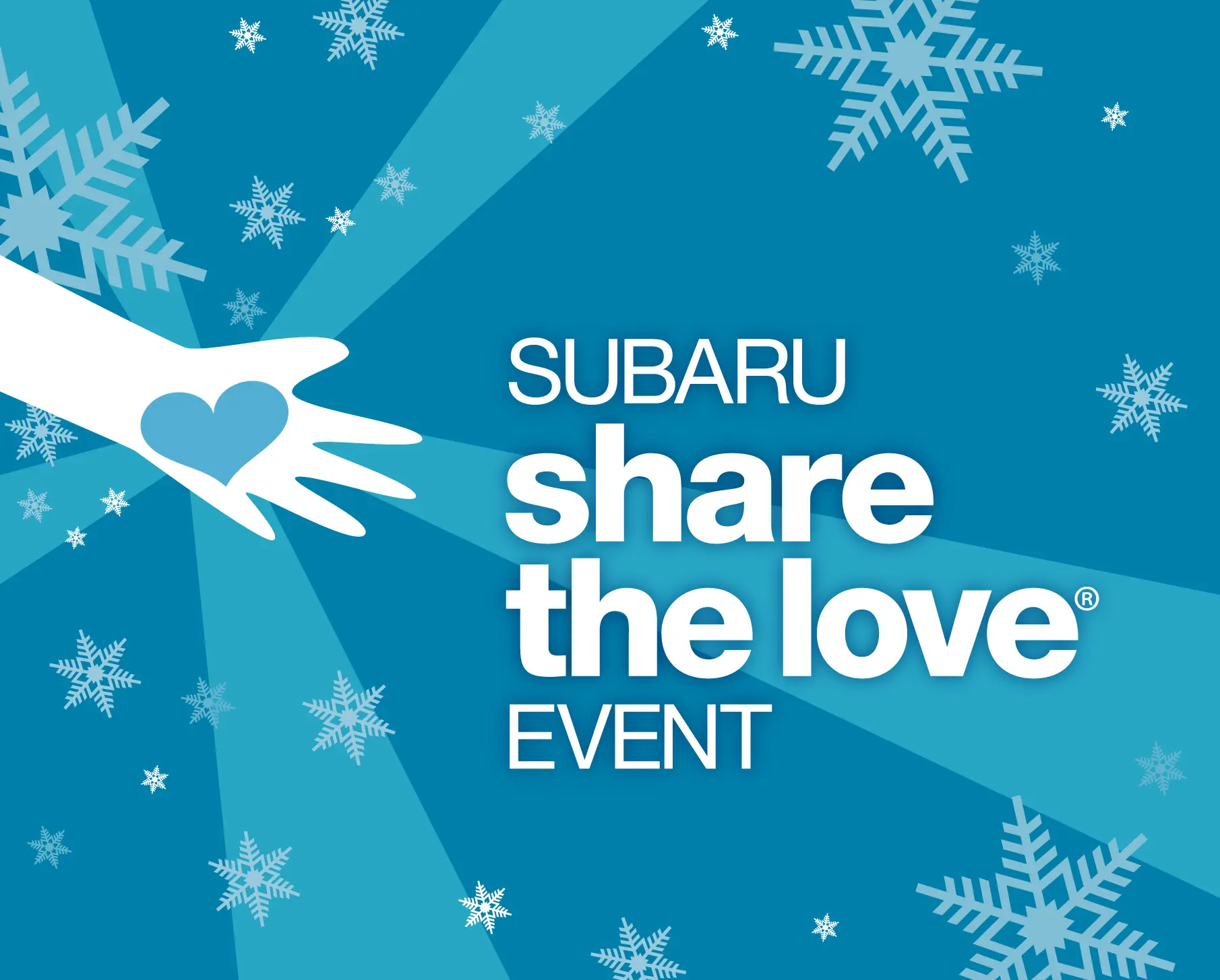 Promotional Subaru Share the Love Event graphic on blue background with snowflakes.