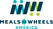 Navy-blue, teal, green and white Meals on Wheels America logo