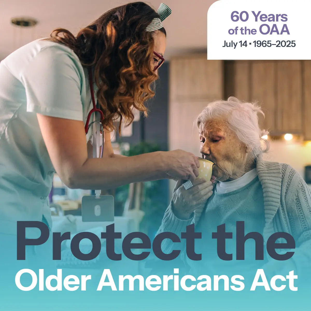 A nurse giving a drink to a senior. Overlay text saying 