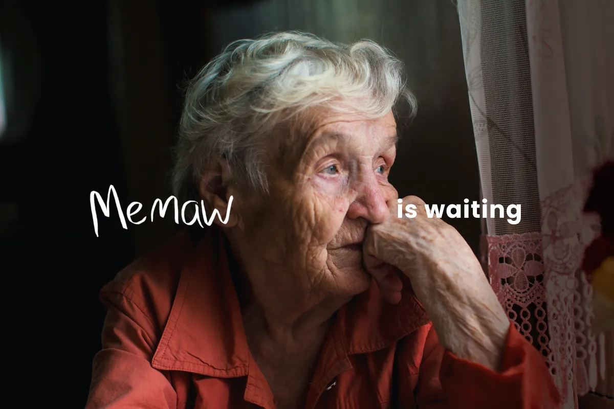 White female senior looking out window with the text overlay 