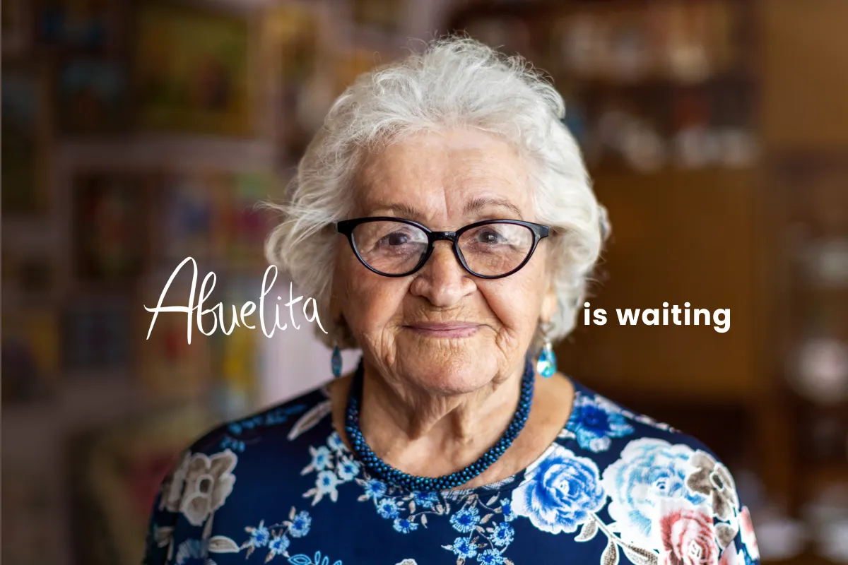 Hispanic female senior wearing glasses with the text overlay 