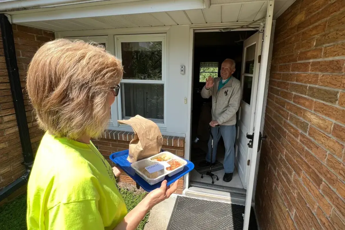 Frank waving to Judy, who is holding a tray with a meal in her hands.